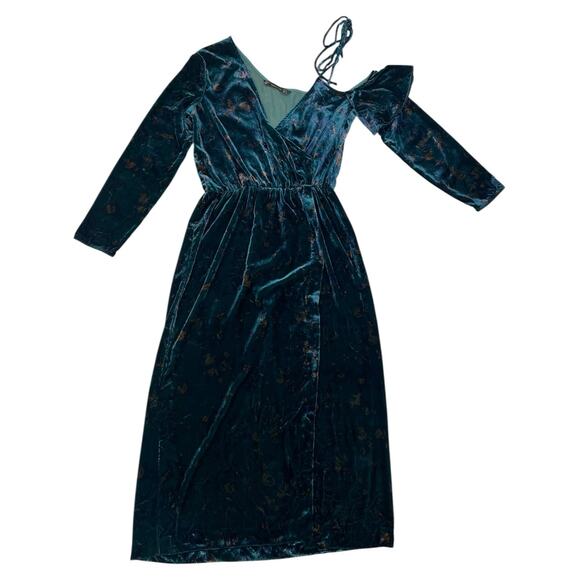 Zara Green Velvet Floral Off Shoulder MIDI V Neck Dress - Picture 7 of 11